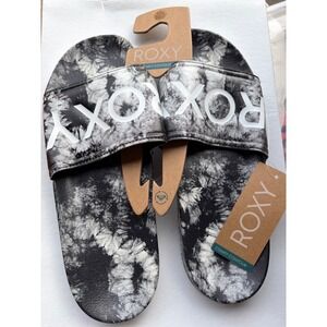 Roxy Slippy Printed Slide Sandals Black White Tie Dye Womens 10 New